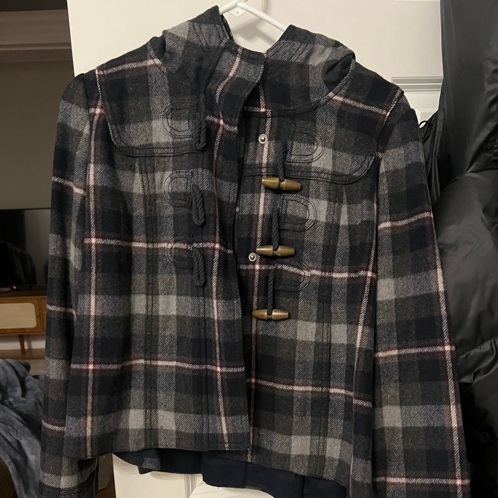 Abercrombie & Fitch Charcoal and Pink Plaid Toggle Pea Coat